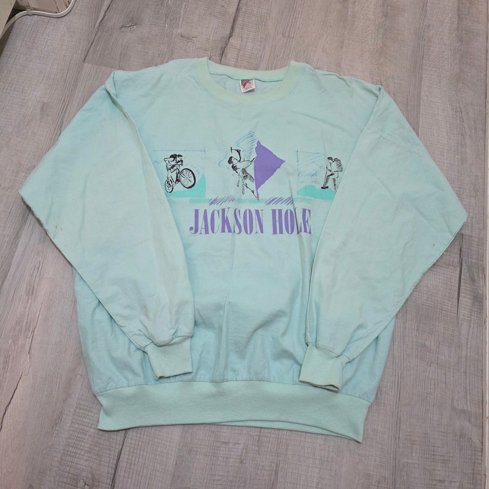 Vintage Jerzees Jackson Hole Sweatshirt Womens XL Mint Green Cotton Made in USA